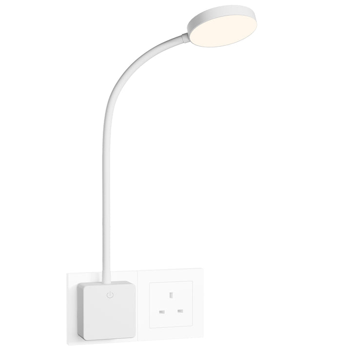 Dimmable Plug In LED White Wall Reading Light, Flexible Bedside Reading Lamp with Outlet Power Plug