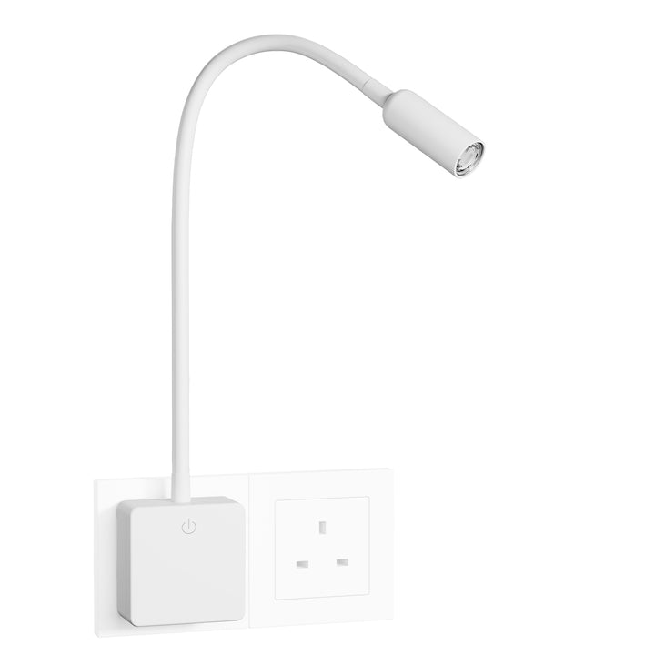 Plug In White Dimmable LED Bedside Wall Reading Light, Swing Arm Flexible Gooseneck LED Nightstand Lamp