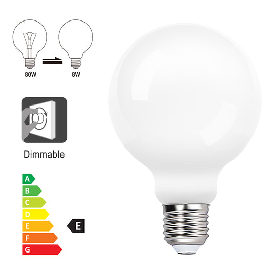 Dimmable G95 LED Large Edison Screw E27 Round Light Bulbs Daylight Opal 4000K 8W Maximum 950Lm 3 Pack