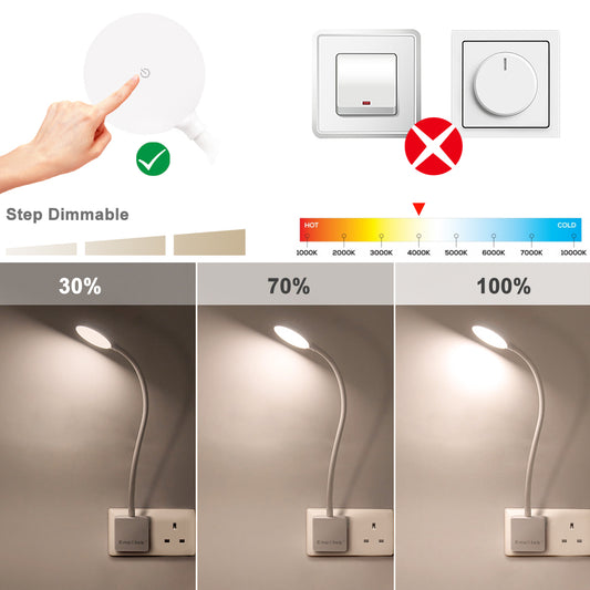 Dimmable Plug In LED White Wall Reading Light, Flexible Bedside Reading Lamp with Outlet Power Plug