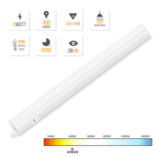 Connectible T5 5W LED Kitchen Under Cabinet Lamp, Under Cupboard Light, Neutral White 4000K, Length 313MM, 1 Lamp