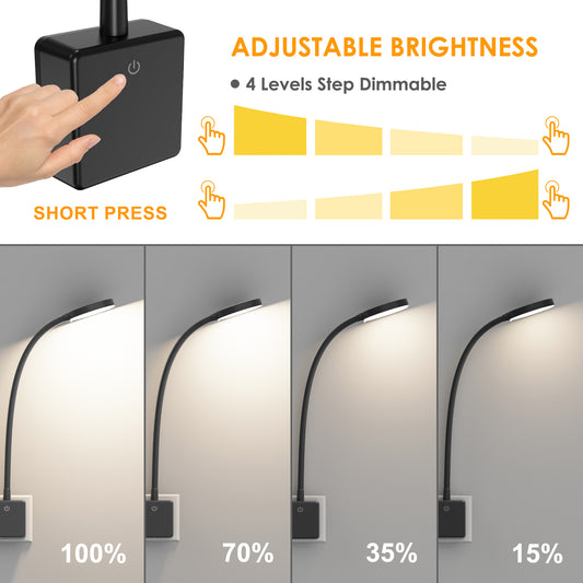 Plug In LED Wall Light, 4W 350Lm Dimmable LED Swing Arm Wall Lamp, Plug and Play Bedside Reading Light