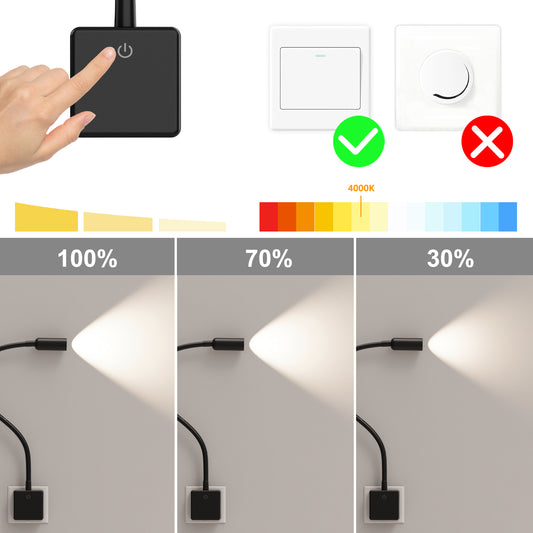 Plug In Dimmable LED Wall Reading Light, Flexible LED Bedside Wall Spot Lamp with Power Socket Plug