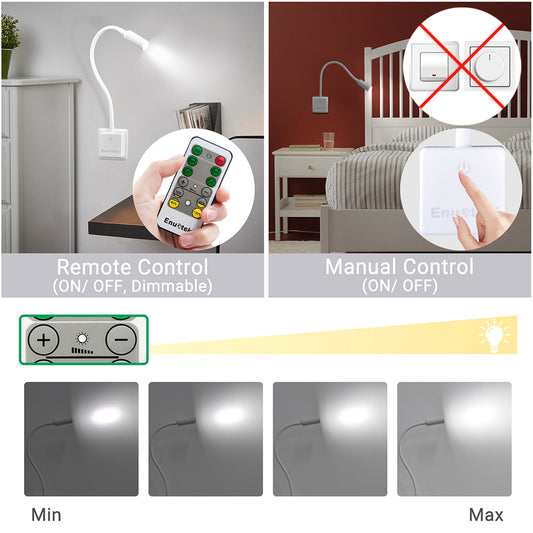 Remote Control LED Wall Spot Reading Light, Flexible Dimmable LED Bedside Lamp with Touch Switch and Power Plug