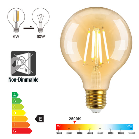 Vintage G95 Large Globe LED Filament Light Bulb, 6W 750Lm E27 Edison 2500K Amber Warm White Lighting 3 Pack