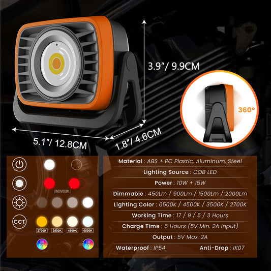 LED Work Light, Rechargeable 2000 Lumen Super Bright LED COB Portable Trouble Flood Light, 8000mAh Battery Powered